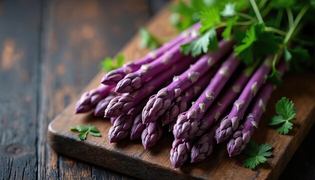Fresh purple asparagus spears arranged on rustic wooden cutting board with parsley garnish. Vibrant, healthy vegetable with crisp texture. Ideal for culinary use, cooking ingredient, farm-to-table - Powered by Adobe