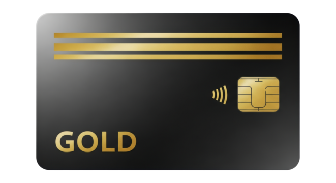 Isolated shiny gold credit card showing stripes, chip and contactless payment symbol