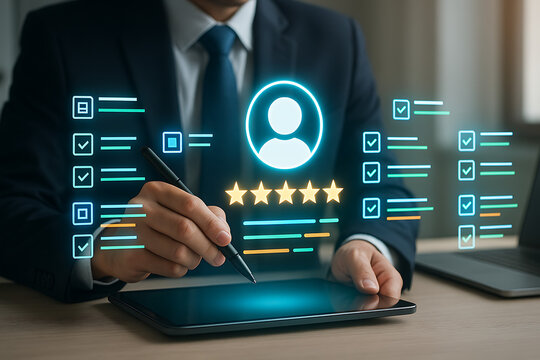 Businessman writing on a tablet with glowing checklist and star rating, customer satisfaction survey, employee evaluation, online feedback, client review, service quality assessment