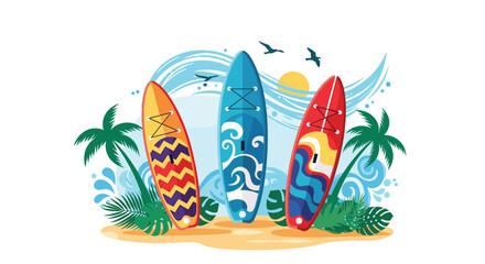 Colorful surfboards stand on a sandy beach with palm trees and ocean waves.