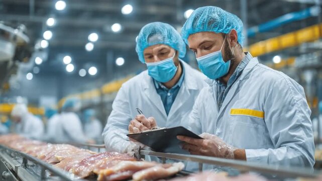 Two Food Safety Inspectors in Protective Gear Examining Fresh Poultry in a Modern Processing Facility with Equipment in Background