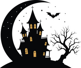 Spooky Halloween haunted house with glowing windows, crescent moon, flying bat, bare tree, stars, eerie night, creepy vector illustration