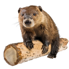 Obraz premium Brown beaver sitting on a log looking directly at the camera