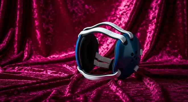 Protective headgear for wrestling sports displayed on velvet fabric