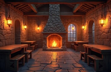 Fantasy medieval tavern interior with roaring fireplace, stone walls. Wooden tables, benches create cozy atmosphere. Lanterns cast warm light. Arched windows show dark, atmospheric night scene