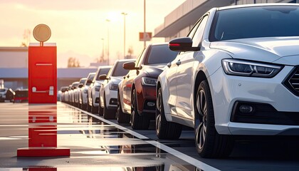 Row of Cars Parked in Outdoor Lot at Sunset with Reflected Light on Wet Pavement and Bright Sky at Terminal Building