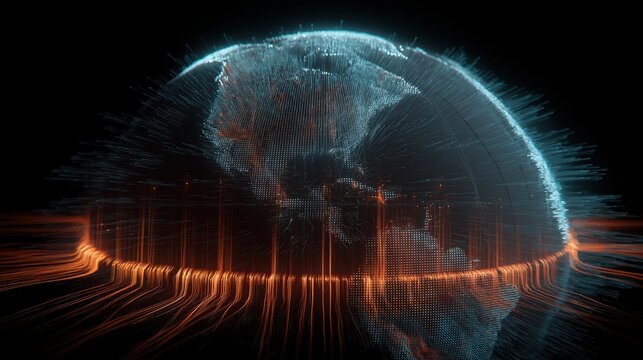 A glowing, digital representation of Earth with dynamic lines and dots, symbolizing data flow and global connectivity.