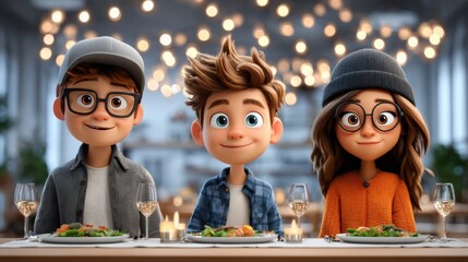 Three animated friends enjoying a festive Friendsgiving dinner with delicious food, sparkling glasses, and warm ambiance, celebrating togetherness and gratitude in a cozy setting