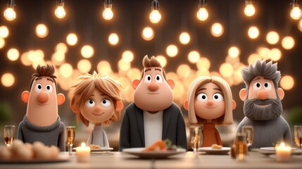 Animated characters gathered around a festive table adorned with food and drinks, celebrating Friendsgiving day under warm string lights, creating a joyful atmosphere of togetherness