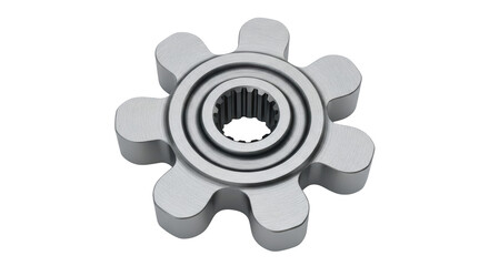 Isolated metal gear component featuring a central spline, often used in mechanical assemblies