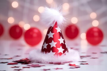 Red Party Hat With Stars on Festive Background Featuring Warm Glowing Lights