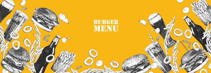 Burger Menu. Hand-drawn illustration of dishes and products. Ink. Vector	