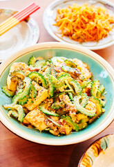 Okinawan Goya Champuru Stir Fry with Bitter Melon, Tofu, and Pork