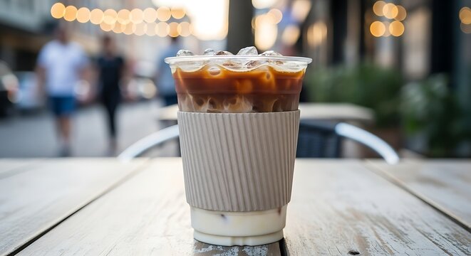 Iced latte in a plastic cup with a cardboard sleeve on a wooden table