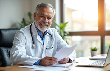 Fototapeta premium Mature male doctor consults patient online from office workplace. Pro physician explains medical results using laptop, digital tools. Telemedicine expertise, remote healthcare, doctor appointment via