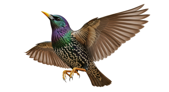 Isolated European Starling spreading wings in flight, iridescent plumage, colorful bird