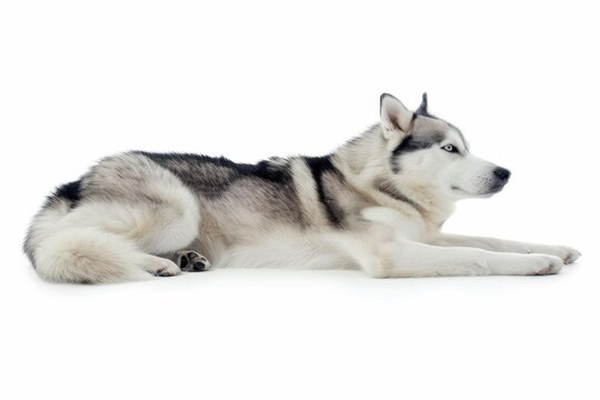 Gray and white purebred siberian husky dog is lying down on white background and looking away