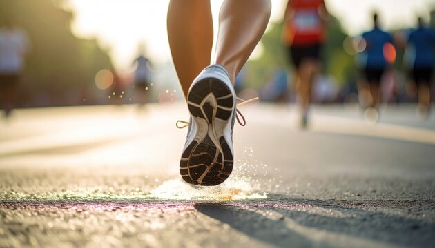 Runner Hydrating with Water Bottle During Long Distance Race on Sunny Day with Blurred Background
