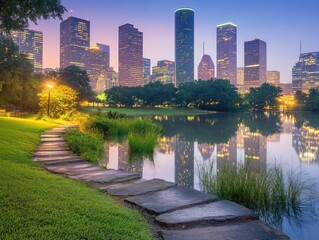 Houston skyline reflecting on calm water, park path