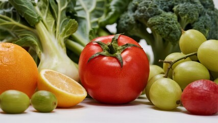 Close-Up Shot of Vibrant Genetically Modified Fruits and Vegetables on White Surface, Symbolizing Biotechnology Advancements in Modern Agriculture