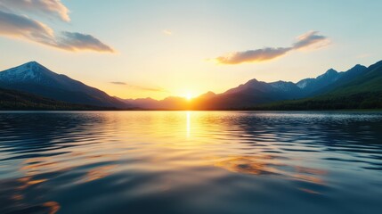 Naklejka premium Golden hour sunlight shimmering on the calm surface of a lake, framed by majestic mountains and lush forests in the background