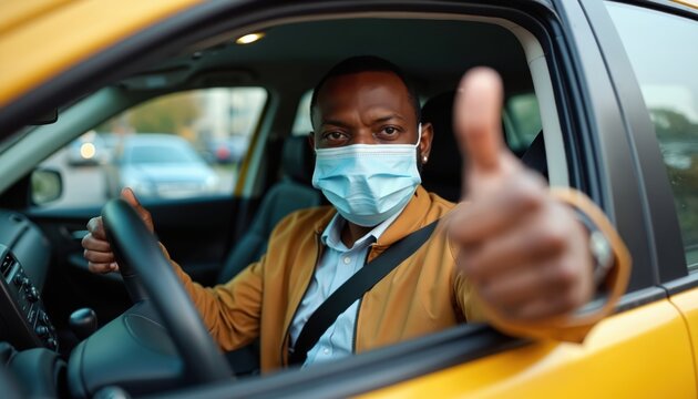 African American taxi driver, wearing face mask, gives thumbs up from yellow car. Signals safety, protection, optimistic outlook during rideshare pandemic era. Profession, occupation, job security