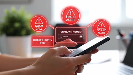 Person holding smartphone with digital warning signs about scam calls, fraud alert, and cybersecurity risks. Concept of mobile security, data protection, and online fraud prevention. - Powered by Adobe