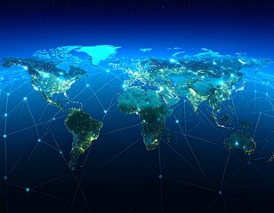 Global network map, Earth illuminated with city lights, connected by lines