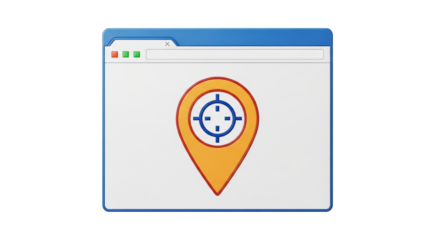 Isolated map pin in a web browser window showing target, location targeting concept
