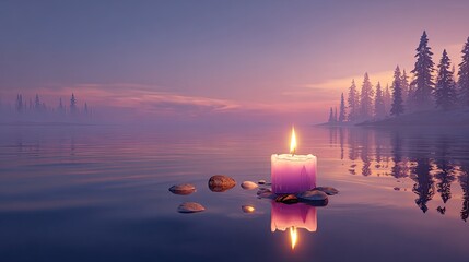 Pink candle floats on tranquil lake, winter sunset