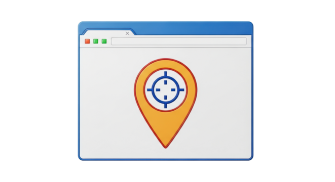 Isolated map pin in a web browser window showing target, location targeting concept