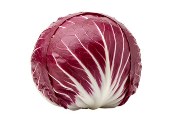 Obraz premium A vibrant, deep-red and white radicchio head stands out against a pure black background.
