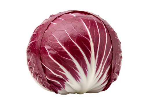 A vibrant, deep-red and white radicchio head stands out against a pure black background.