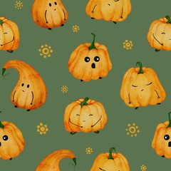 Cute Watercolor Pumpkins Seamless Pattern on Green Background. Autumn Halloween Fall Textile Design