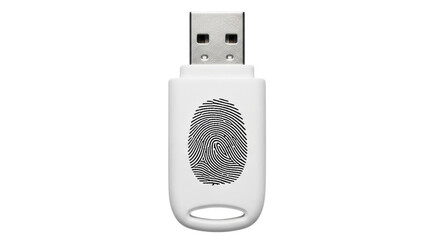 Isolated white USB stick features a digital fingerprint security, for data protection
