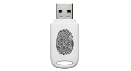 Isolated white USB stick features a digital fingerprint security, for data protection