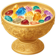 Ornate golden bowl brimming with colorful gems
