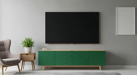 Modern living room with large tv and green cabinet