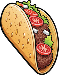 Classic cartoon style sticker of a crunchy, golden-brown taco shell, generously filled with seasoned ground beef, crisp green lettuce, chopped red tomatoes, and shredded orange cheese, all surrounded 