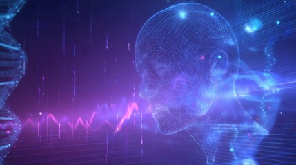 Futuristic 3d wireframe human head surrounded by dna helices and luminous data nodes in neon tones