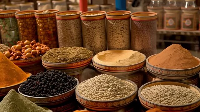 Colorful Spice Market Piles in Traditional Baskets