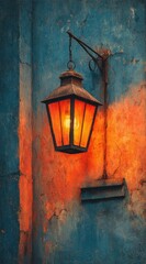 Antique lantern on weathered wall, warm glow