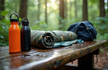 Wet wooden picnic table in rainforest with camping gear. Includes two water bottles, rolled sleeping bag, and backpack. Outdoor supplies for adventure travel, hiking, and exploration.