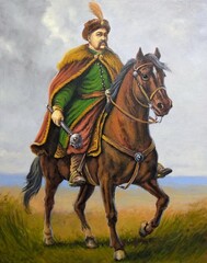 Ukrainian Hetman, Cossack, on a horse in the steppe, horse in the field, paintings, fine art
