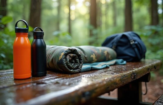 Wet wooden picnic table in rainforest with camping gear. Includes two water bottles, rolled sleeping bag, and backpack. Outdoor supplies for adventure travel, hiking, and exploration.