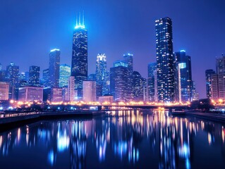 Illuminated city skyline at night, reflecting in calm water