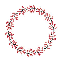 Decorative round pattern in folk style with leaves in red and black 
