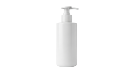 Isolated liquid soap bottle with dispenser on bright stage, cosmetic product, plastic flask