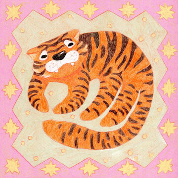 Cute tiger illustration. Hand drawn with pencils. Playful cartoon style. Animal artwork on paper.