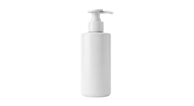 Isolated liquid soap bottle with dispenser on bright stage, cosmetic product, plastic flask